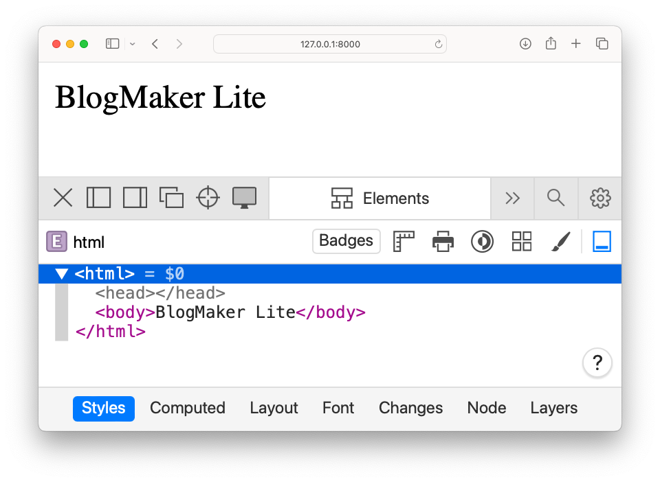 BlogMaker Lite home page with Safari inspector pane open
