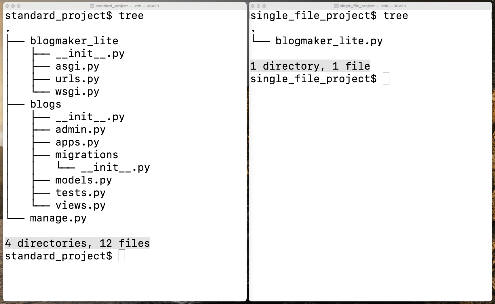 Output of `tree` for a standard Django project, and a single-file version of the same project.