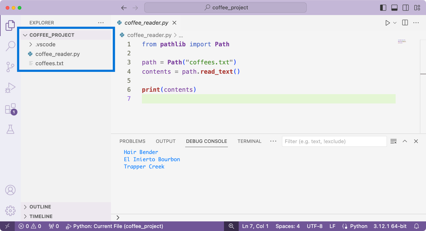 VS Code window showing correct output