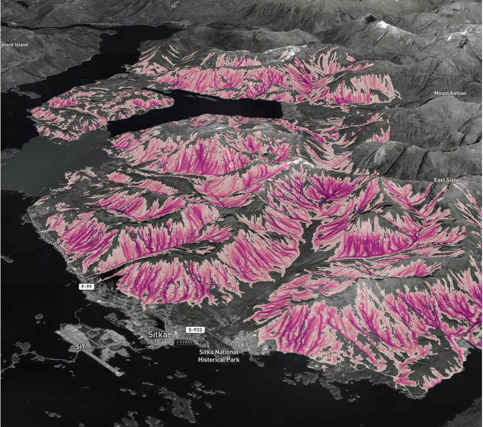 map showing most mountains in the area susceptible to landslide activity