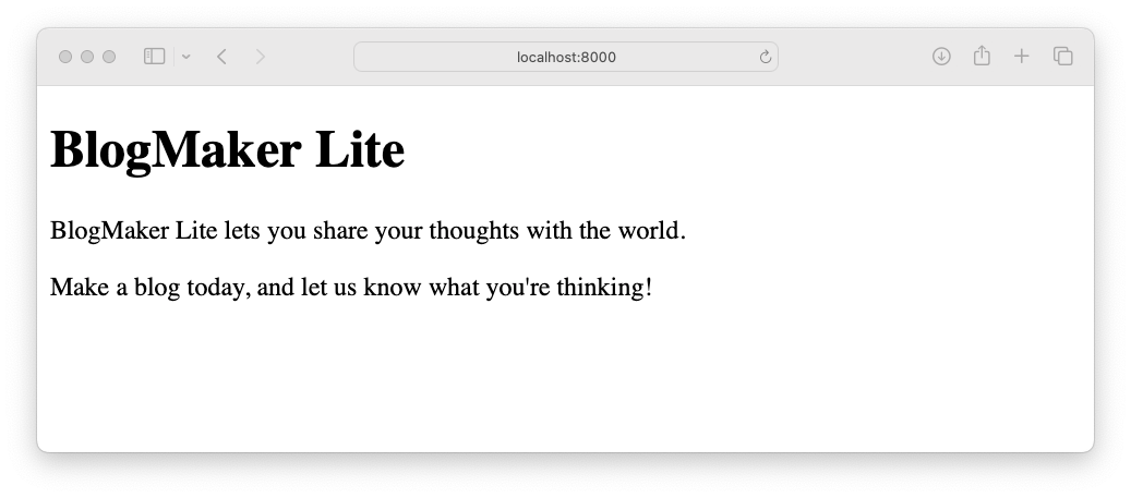 home page with two sentences welcoming users, but no links
