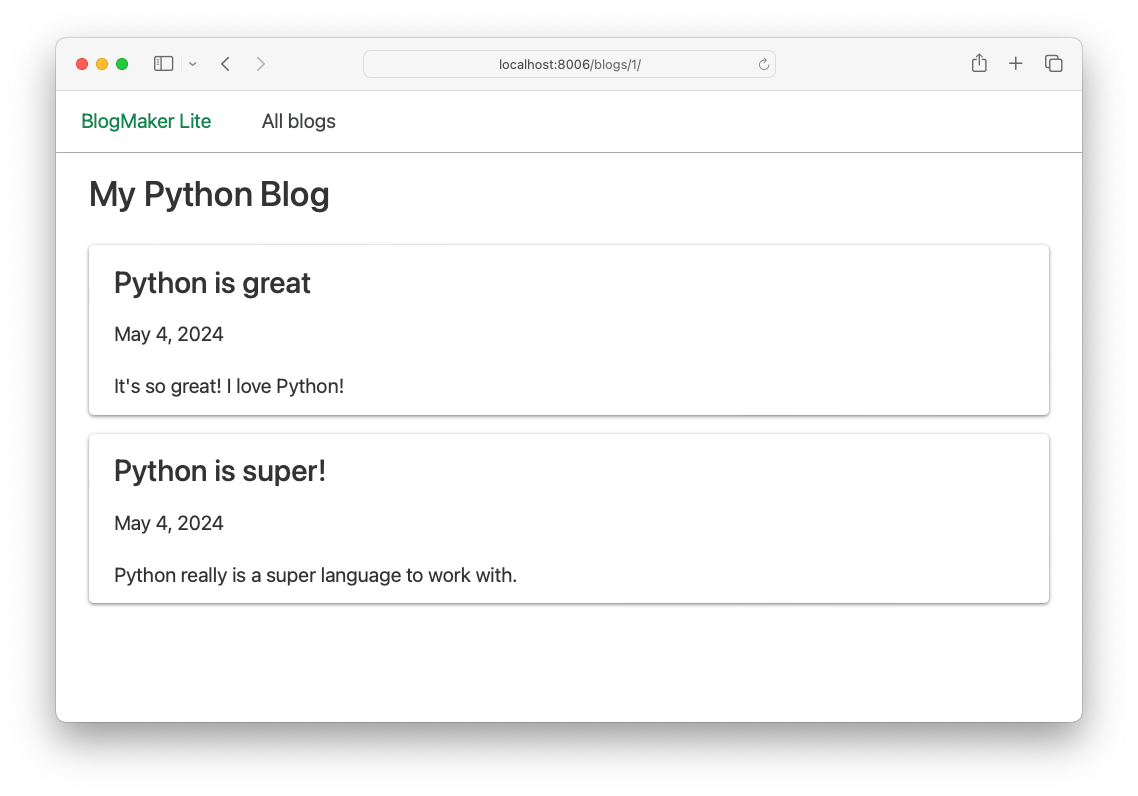 "My Python Blog", with two cards reading "Python is great" and "Python is super!"