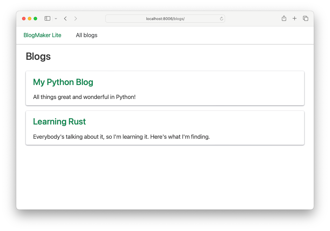 the blogs page, with links pointing to the blogs "My Python Blog" and "Learning Rust"