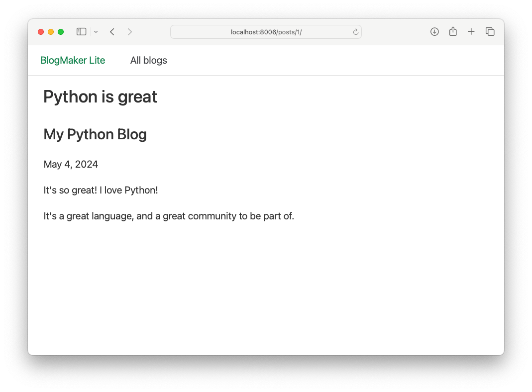 post page showing navigation bar, post title, blog title, date, and post body