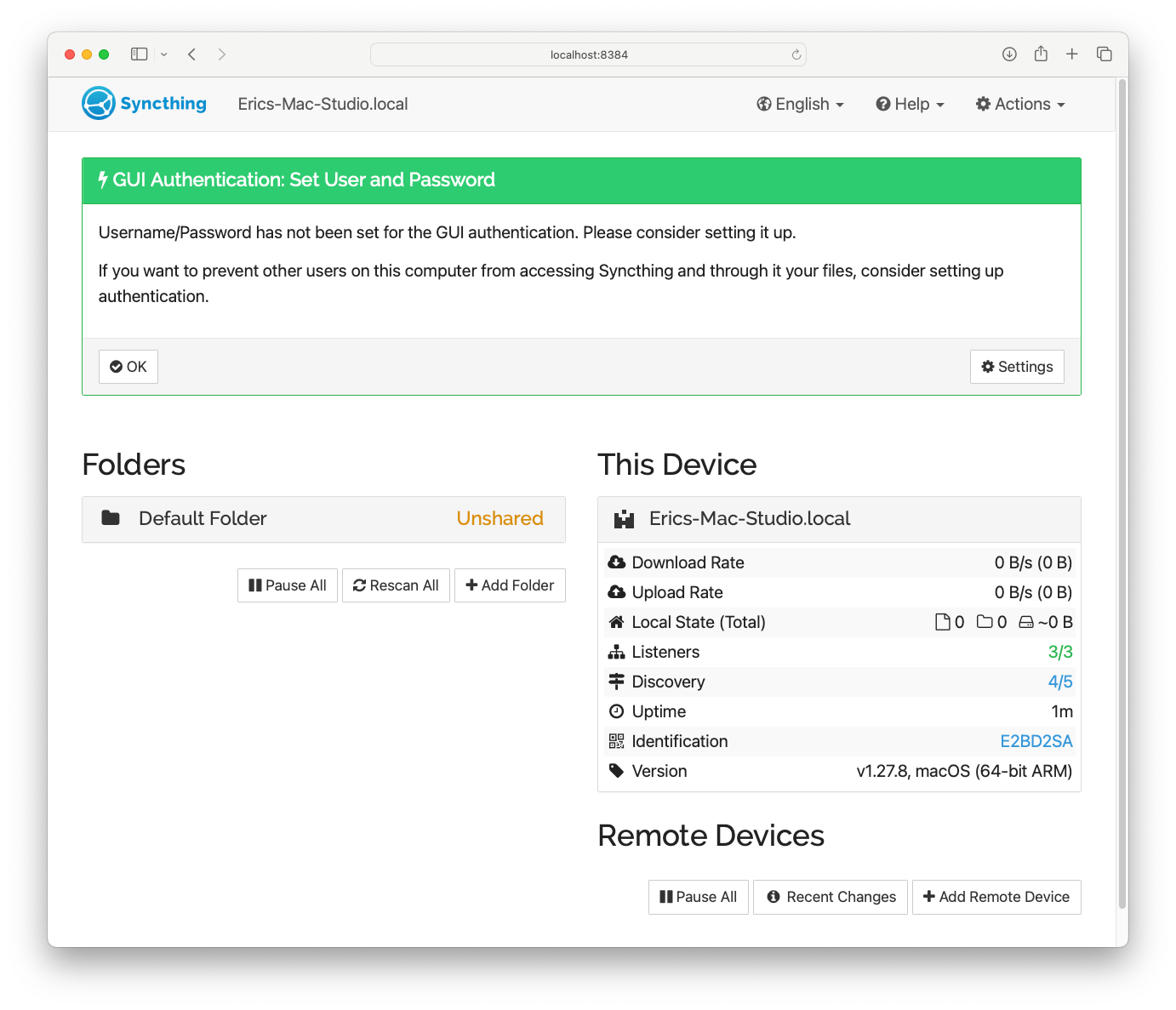 browser screen showing prompt to set up username/password, an initial default shared folder, and information about the current system