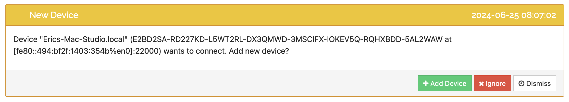 "New Device" popup from the laptop's Syncthing instance