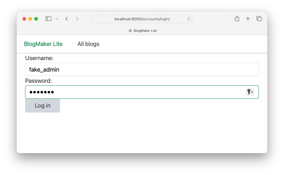 web page with two entry fields labeled Username and Password and a button labeled Log in