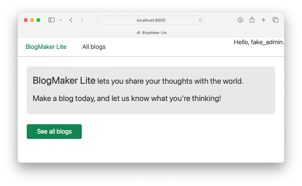 message "Hello, fake_admin" is pushed up and right against the edges of the browser window