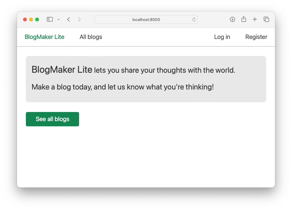 BlogMaker Lite home page, with a link labeled "Register"