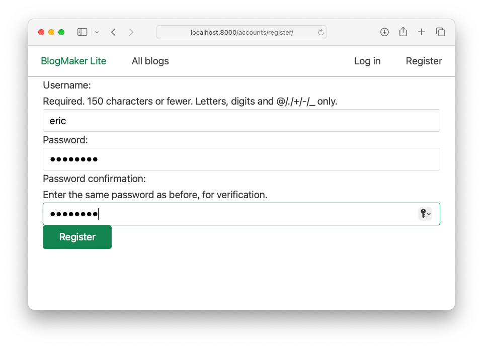 "eric" in username field, and obscured passwords entered in password and password confirmation fields