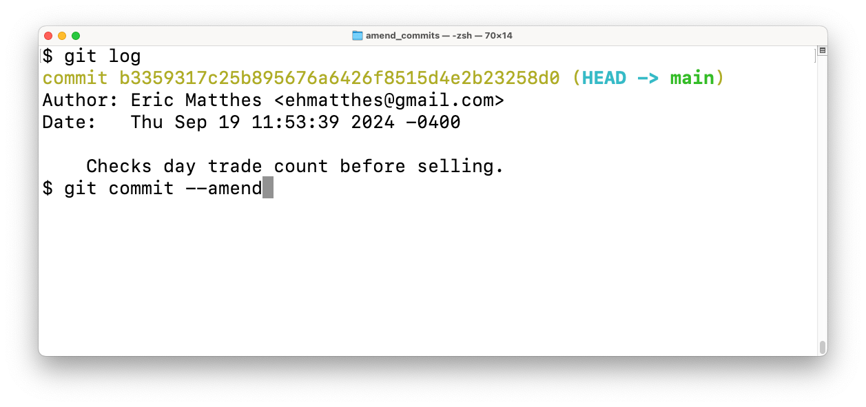 terminal window showing output of `git log`