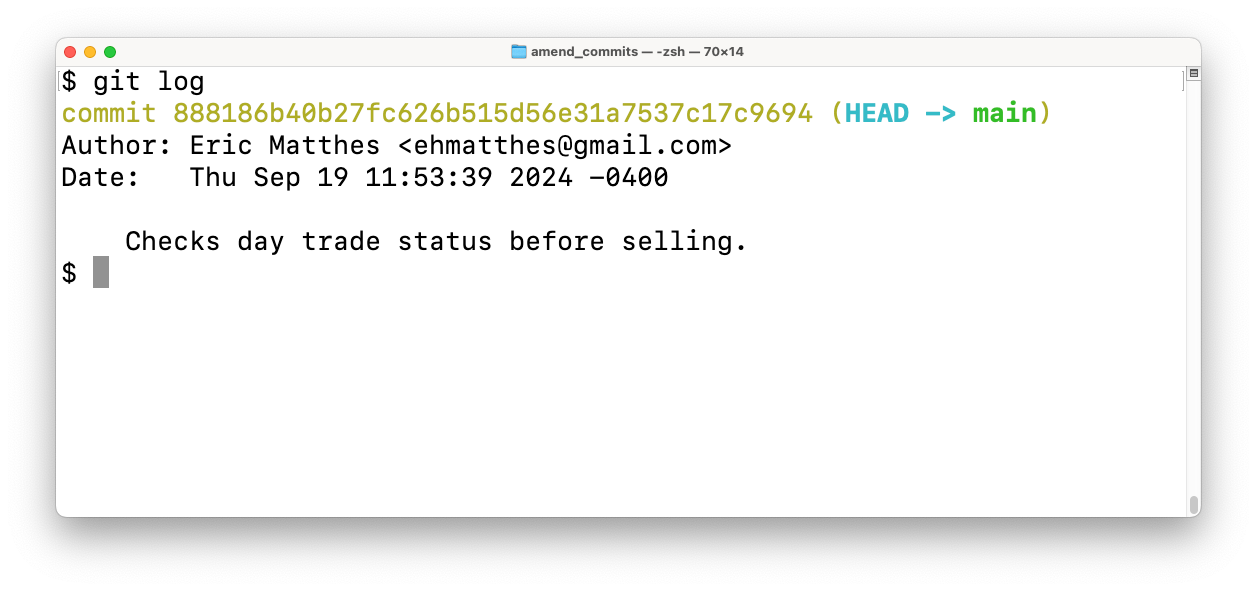 terminal window with output of `git log`