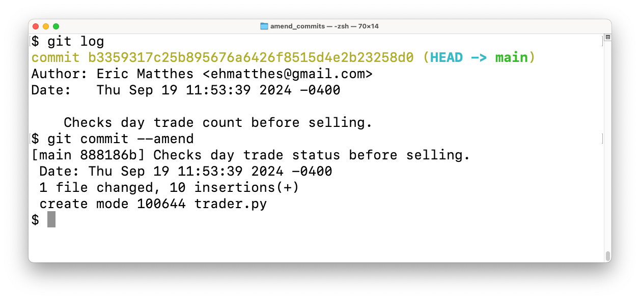 terminal window showing output after `git commit --amend` issued, and message changed and saved