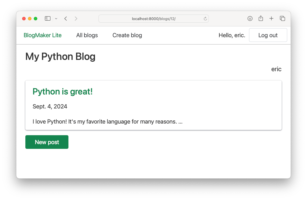 the draft post from the previous screenshot now appears on the parent blog's main page