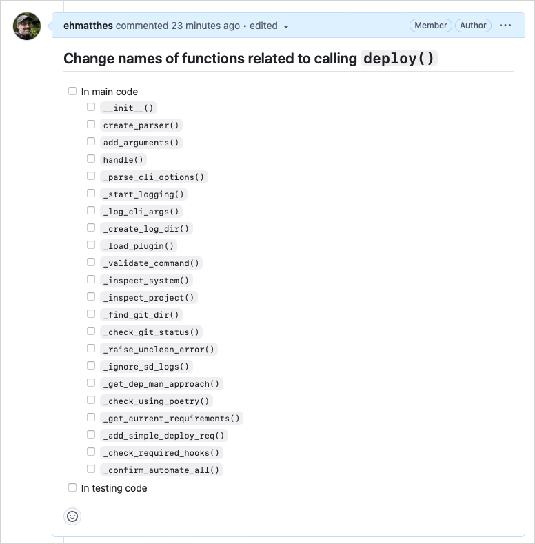 Github issue with one task for each function from deploy.py