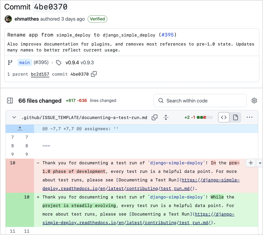 GitHub commit page for the commit where simple_deploy was renamed to django_simple_deploy