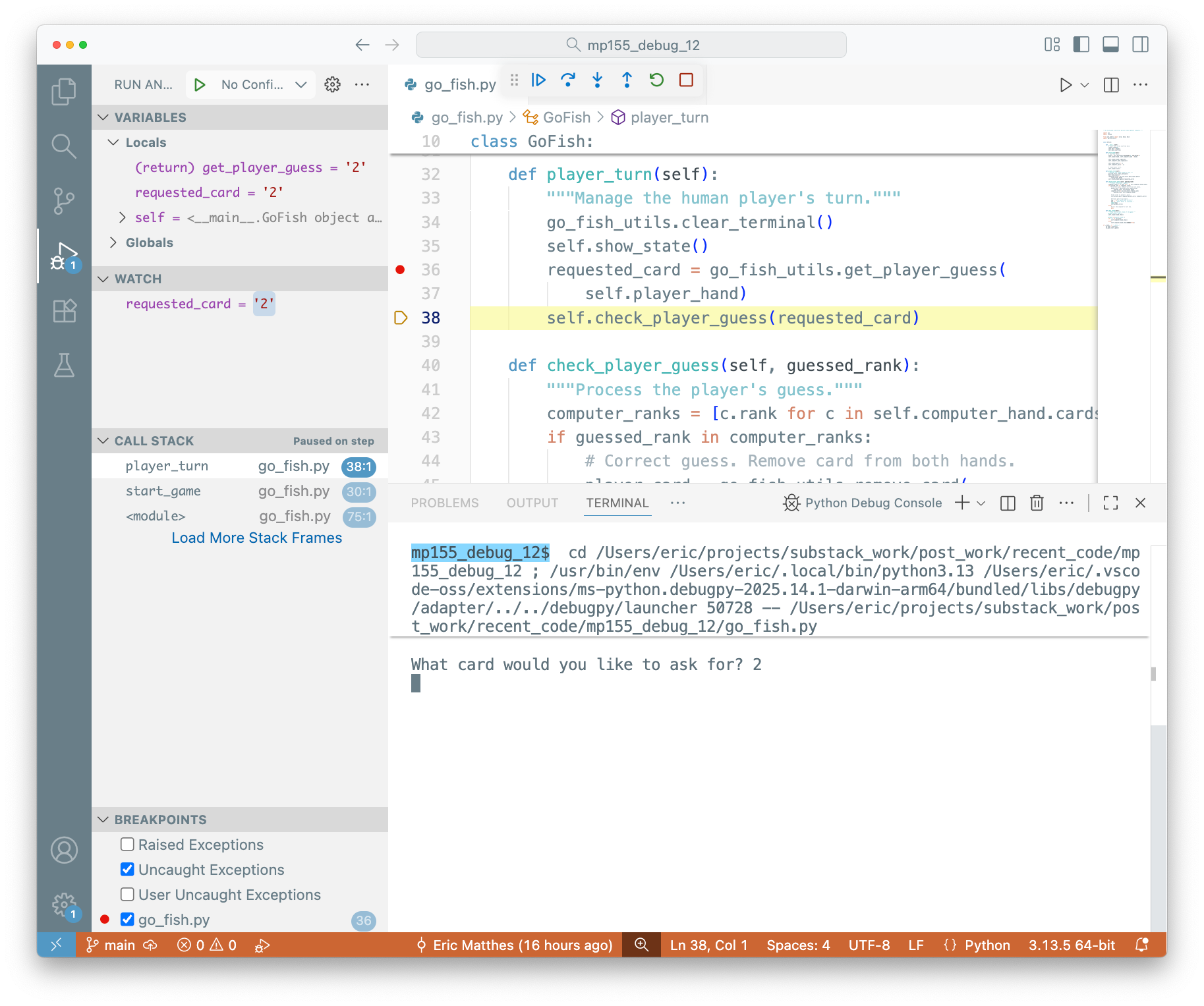 debugging session with breakpoint set at line 36 of go_fish.py, in the call to `get_player_guess()`.