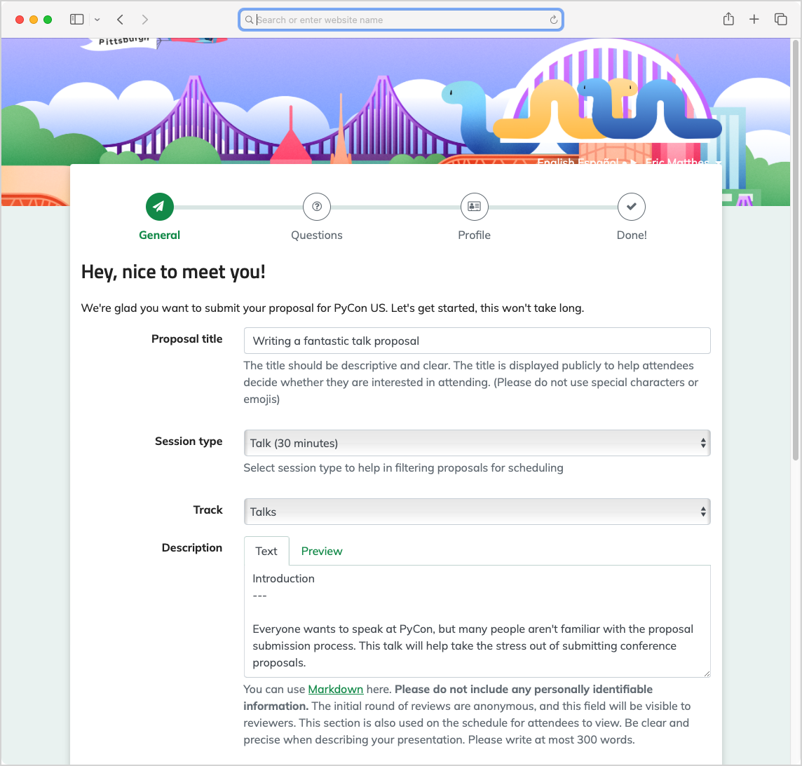 Proposal submission page showing input fields for proposal title, session type, track, and description.