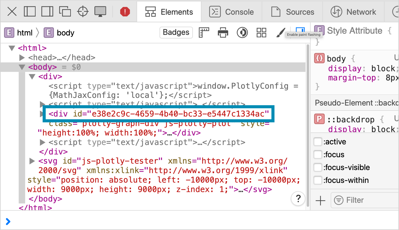inspector console showing hash ID deep in a page's HTML source
