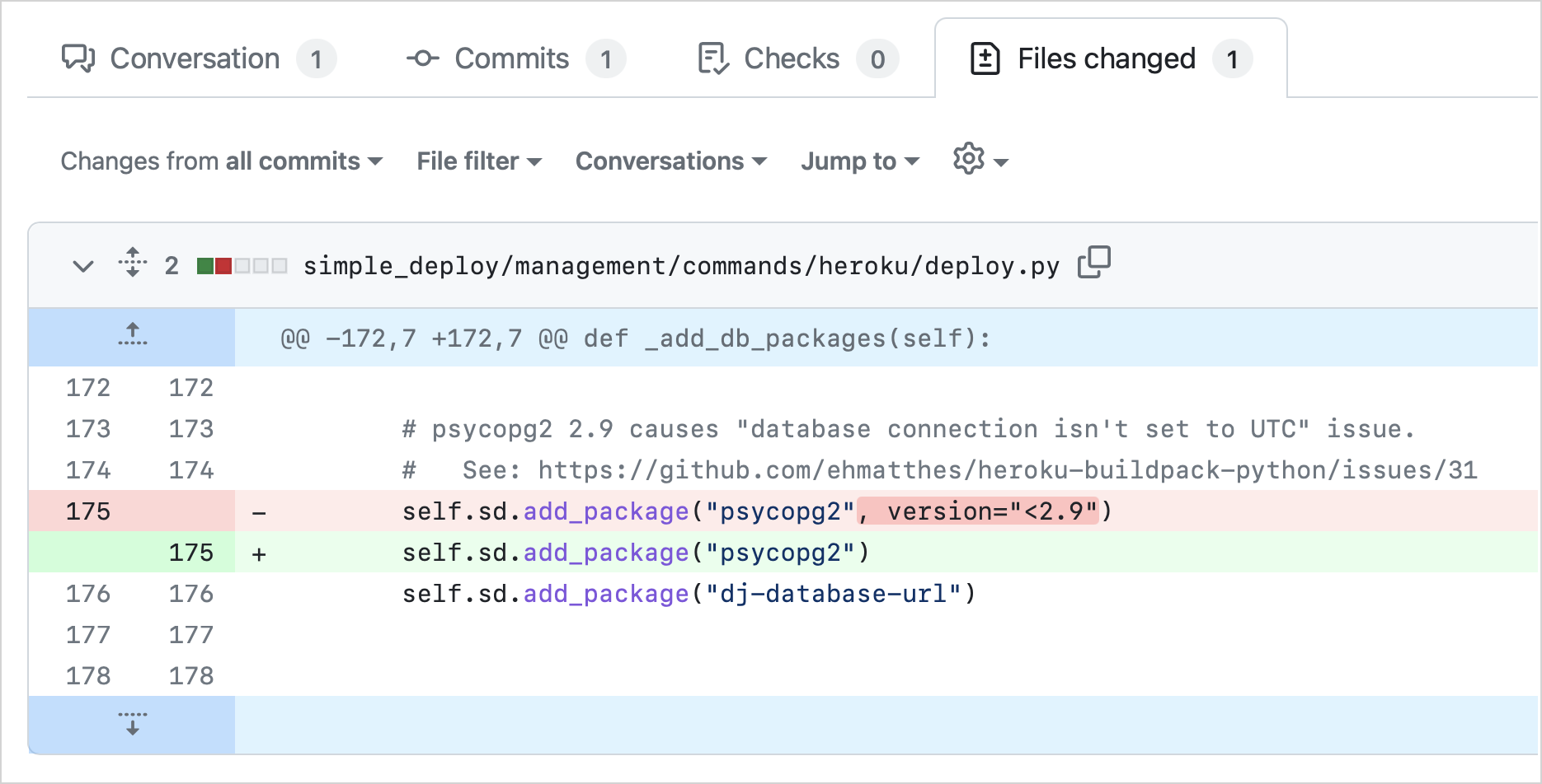 Screenshot showing a one-line GitHub PR.