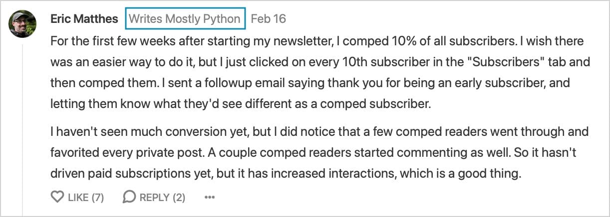 An Office Hours comment, with a link to the author's Substack next to their name.