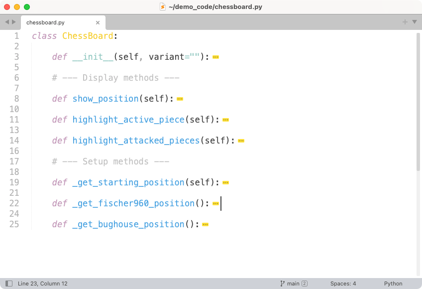 Sublime Text screenshot showing dividers for "Display methods" and "Setup methods"