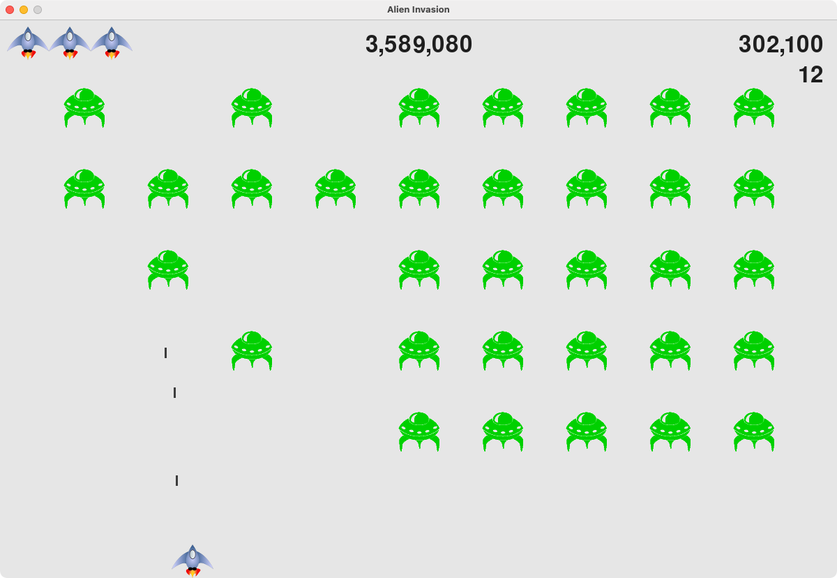 ship at bottom of screen firing at a screen full of alien ships, with a scoreboard at the top