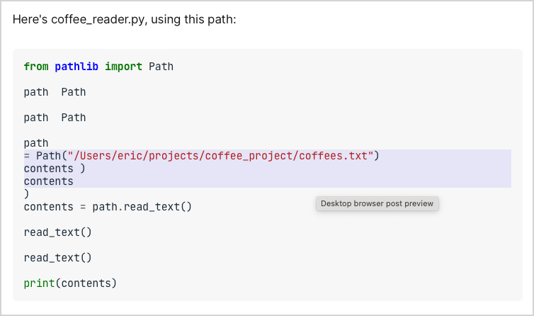 code block with many repeated words, such as "path Path path Path"