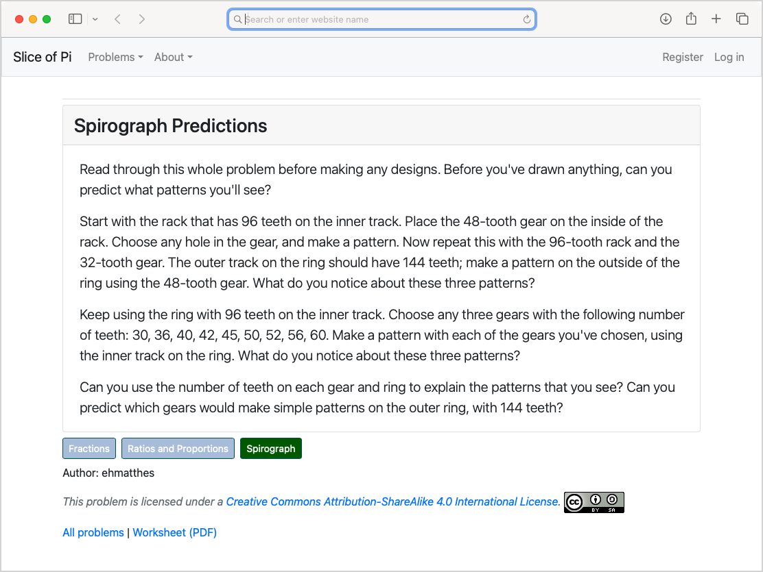 Website called Slice of Pi, showing a problem titled "Spirograph Predictions". The problem has tags "fractions" and "spirograph".