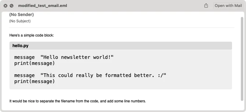 Sample rendered email with a code block. The code block has the title "hello.py".