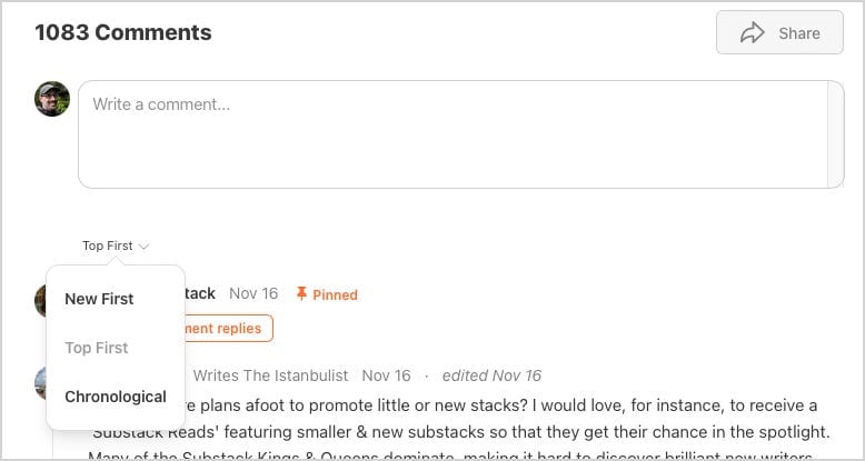screenshot of discussion thread with default ordering
