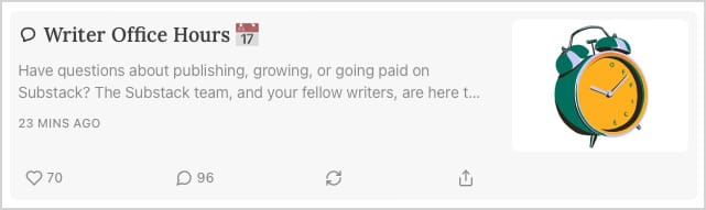 html card titled "Writer Office Hours", with a description and a timestamp. The timestamp reads "23 MINS AGO".