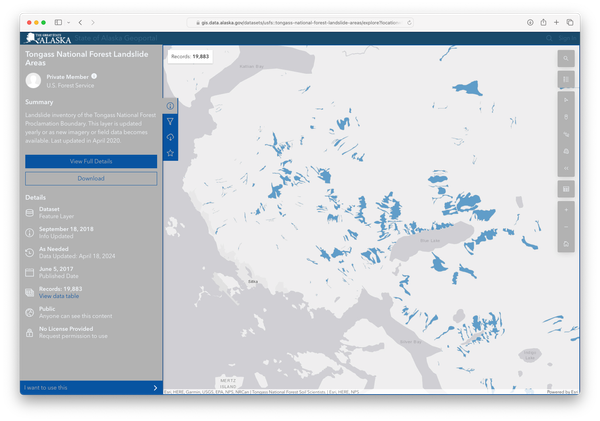 map showing many areas impacted by past landslide activity