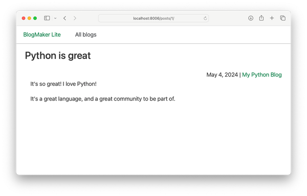 page focusing on a single post, with post title, date, blog title, and post body