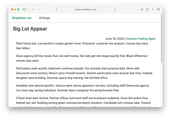 post page, showing sample blog post with randomly-generated title "Big Lot Appear"