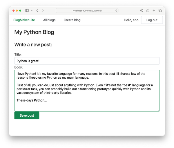 page showing a form with two text boxes labeled "Title" and "Body", with button labeled "Save post"