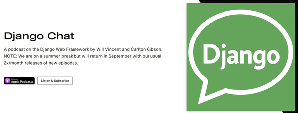 Django Chat logo and tagline: "A podcast on the Django Web Framework by Will Vincent and Carlton Gibson."