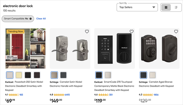 Search results from lowes.com, showing electronic door locks