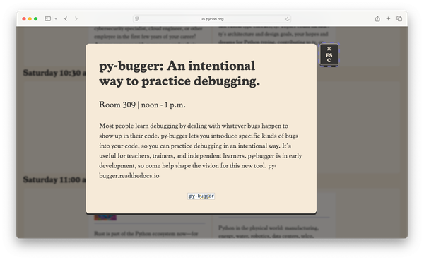 "py-bugger: An intentional way to practice debugging." (followed by a one-paragraph description of the project)