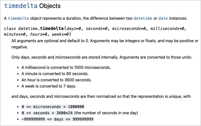 documentation snippet about `timedelta` objects