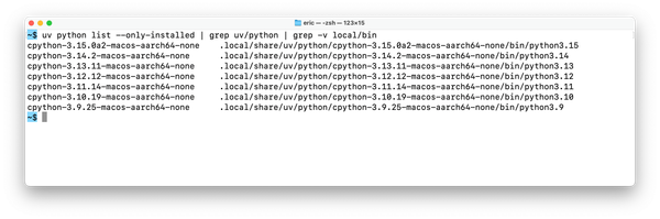 terminal output listing Python interpreters from 3.9.25 through 3.15.0a2, all on the latest point releases